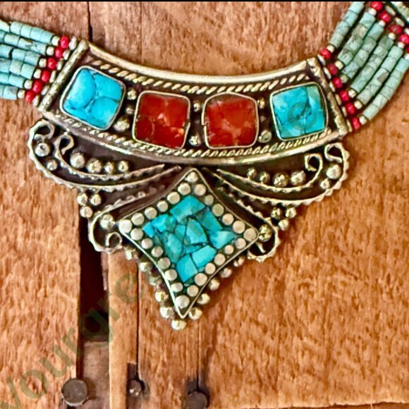 Tibetan Alpaca Silver Turquoise & Coral Mosaic Beaded Necklace - Picture 3 of 5